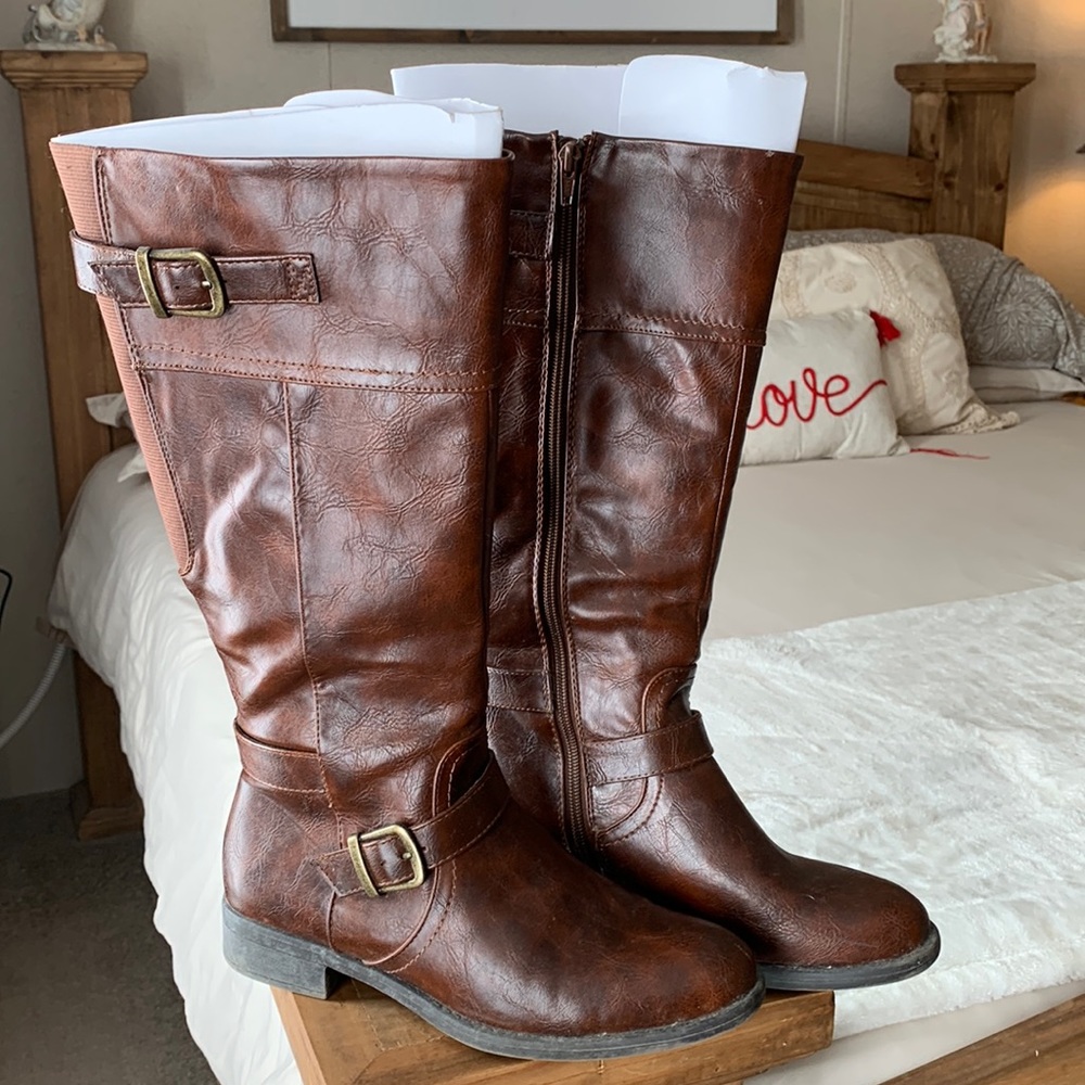 RETRO FAUX LEATHER KNEE HIGH  BUCKLE BOOTS BROWN SIZE 8